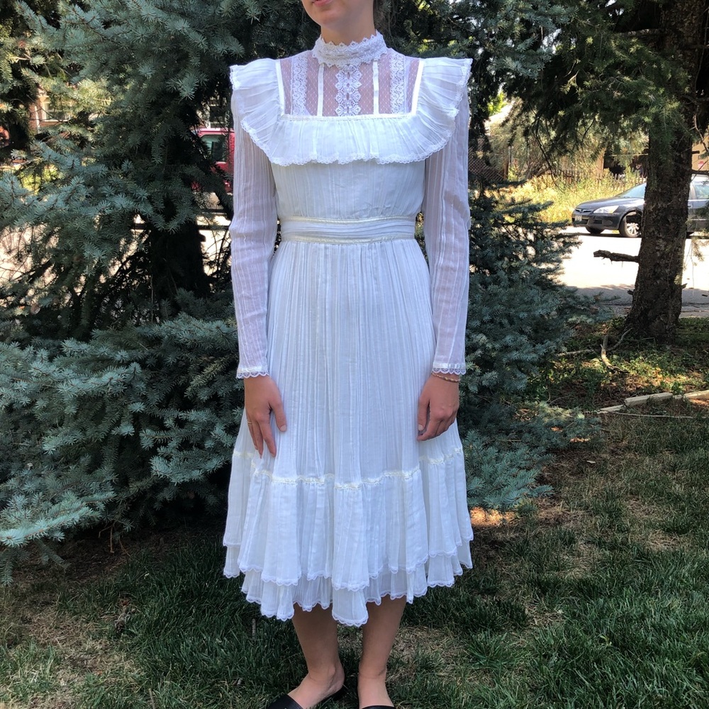 Gunne Sax White Victorian Lace & Ruffle Midi Dress
